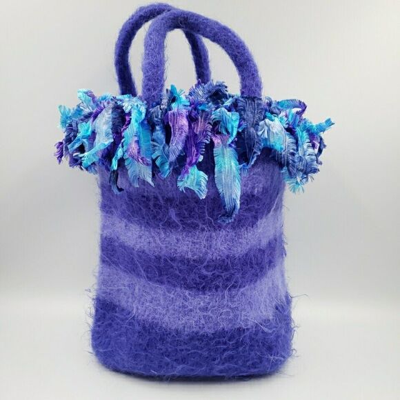 Handmade Handbags - Striped Purple Tote Purse Handmade Bag Bold Colorful Wool Felt Artisanal 14" Fun